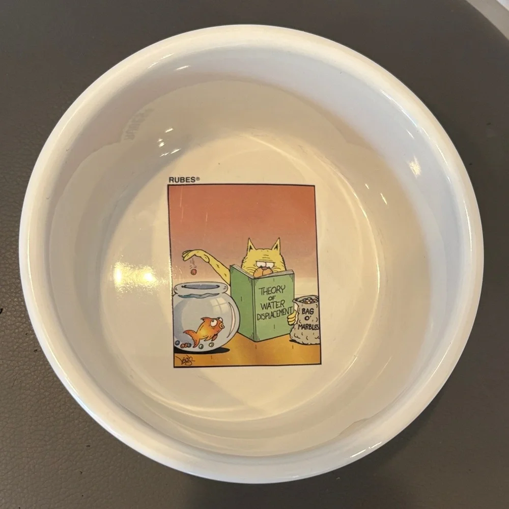 Rubes Leigh Rubin Cat Bowl with Mischievous Cat Cartoon Scenes 2002, 2.75” Deep